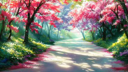 A road meandering through lush trees and colorful flowers