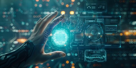 Obraz premium Hand interacting with futuristic blockchain technology interface.