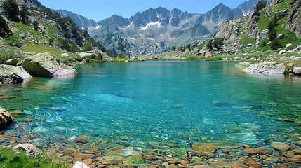 A lake with clear blue water, encircled by towering mountains under a clear sky