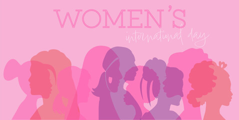 Illustrative banner for Women's International Day featuring silhouettes of diverse women, symbolizing unity and empowerment, women power.