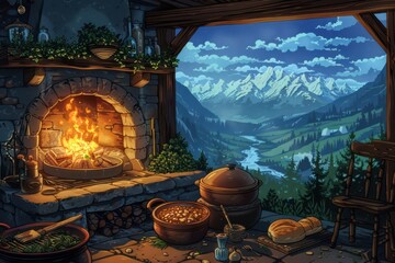 A tranquil mountain cabin with a pot of bubbling stew on the stove, a loaf of crusty bread, and a crackling fire in the hearth. 