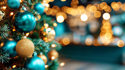 Obraz na płótnie Canvas A Christmas tree adorned with blue and gold ornaments creating a festive atmosphere