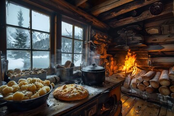 A tranquil mountain cabin with a pot of bubbling stew on the stove, a loaf of crusty bread, and a crackling fire in the hearth.  - obrazy, fototapety, plakaty