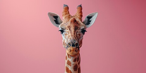 a giraffe looking at the camera - obrazy, fototapety, plakaty