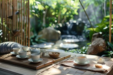 A tranquil tea ceremony in a traditional Japanese garden, with delicate tea cups and sweet treats...