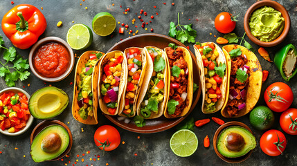 A plate of food with a variety of Mexican dishes including tacos, guacamole, and tomatoes