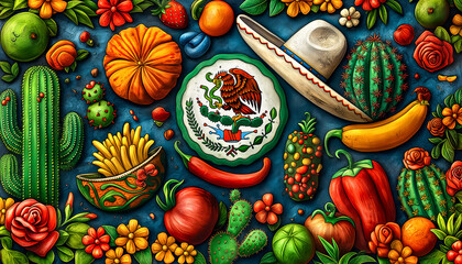 A table full of food with a variety of vegetables,fruits and appetizers mexican cuisine. Concept traditional mexican food - obrazy, fototapety, plakaty