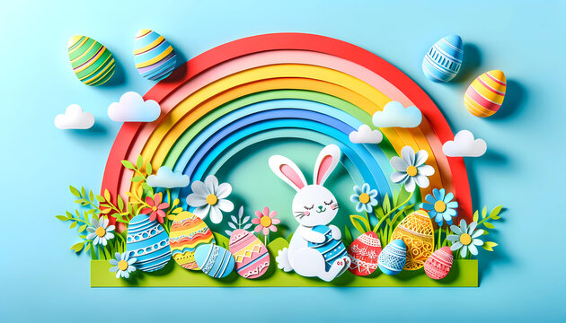Easter bunnies joyful with the rainbow and easter eggs background in paper cut art style