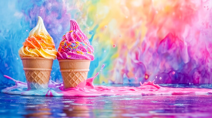 Colorful ice cream cones against a vibrant, paint-splash background, perfect for expressing joy and creativity in ice cream dessert presentations - obrazy, fototapety, plakaty