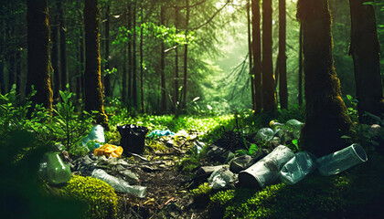 waste and garbage in green forest