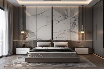 a bedroom with a marble wall and a bed
