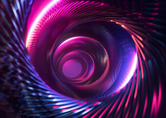 Graphic design art of abstract illusion of spiral with geometric shapes of pink and violet neon 