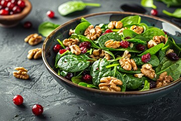 a bowl of salad with nuts and cranberries