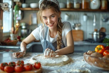 A young woman with braided hair smiles as she kneads dough amidst fresh produce in a rustic kitchen setting