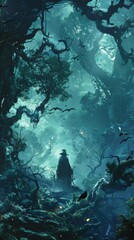 Obraz premium A haunted forest a witch with a raven familiar ghostly apparitions and twisted trees