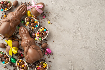 Chic Easter confectionery set-up. View from top captures chocolate eggs adorned with bows, filled with assorted candies, chocolate rabbits, confetti staged on concrete surface with space for copy