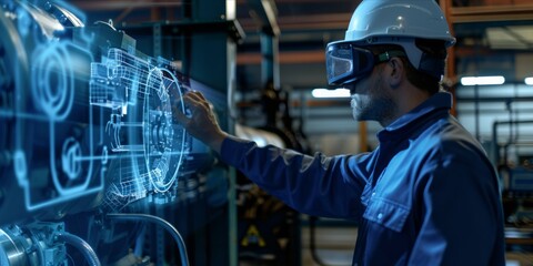 Engineer using augmented reality interface for machine maintenance in a factory.