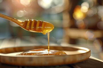 a honey dripping from a wooden spoon - obrazy, fototapety, plakaty