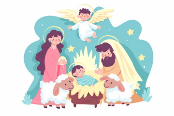 Fototapeta premium Baby Jesus nativity scene cartoon illustration isolated clip art simple minimalistic