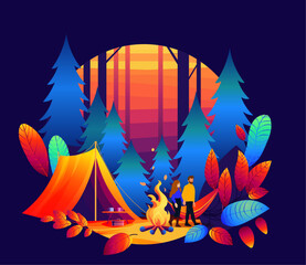Campfire Scene in Forest Two People by the Fire