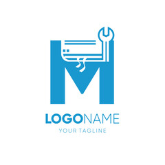 Letter M Air Conditioning Room with Wrench Service Logo Design Vector Icon Graphic Illustration