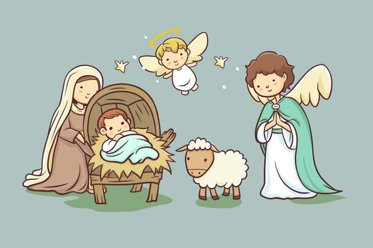 Baby Jesus nativity scene cartoon illustration isolated clip art simple minimalistic