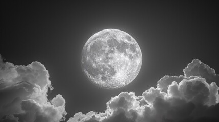 Naklejka na ściany i meble A black and white photo of a full moon in the sky, AI
