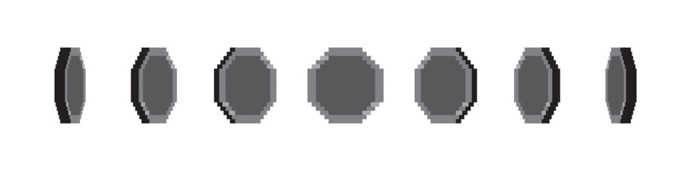 Pixel black rotating coin icon set. Design for games or cartoon animation. Vector EPS 10