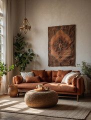 Boho-Chic Wohnzimmer mit Leder-Couch und natürlichen Dekoelementen - obrazy, fototapety, plakaty