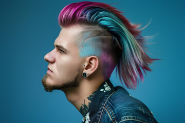 A man with pastel rainbow hair, a side shave, and piercing stares thoughtfully - obrazy, fototapety, plakaty