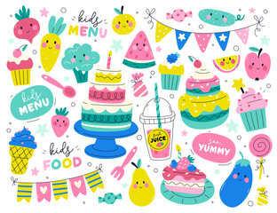 Kids menu design elements set with kawaii food mascot, cute vegetables, fruits, sweets and desserts