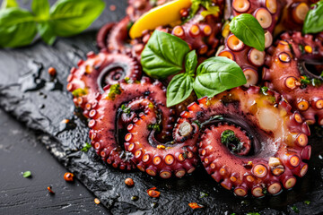 Grilled octopus leg paired with savory sauce, a mouthwatering seafood indulgence.