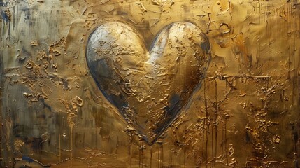 A large heart shaped gold painting on a wall with some paint, AI
