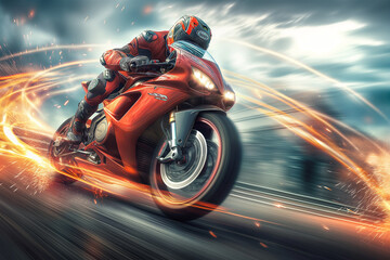 Motorcycle rider riding fast on the race with speed motion blur background. Extreme sport, Motorsport, Superbike
