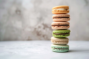Stack of macarons with various flavors on wood base, baked goods, sweet dessert
