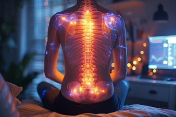 Woman meditating with glowing spine hologram - obrazy, fototapety, plakaty