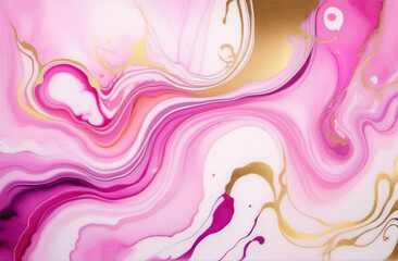 Obraz na płótnie Canvas Alcohol ink art full frame background. Currents of magenta hues, stains, pink golden swirls, soft color free-flowing textures. Natural aquarelle abstract fluid painting. Can be used as vertical poster