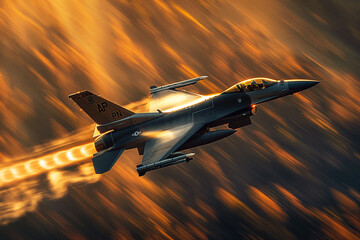 Fighter jet in flight at sunset with speed motion blur background. F16 flying in the sky.