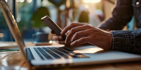 Close up of a person using a smartphone over a laptop at a desk.