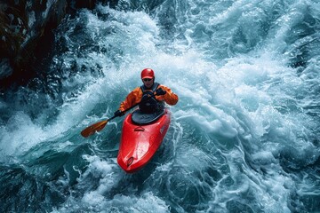 This image captures a kayaker battling turbulent white waters, showcasing his skill and thrill-seeking
