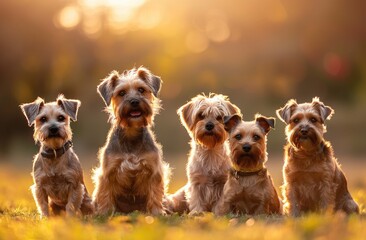 Golden Hour Grace: Five Yorkshire Terriers Poised in Serene Sunset Splendor - Generative AI - obrazy, fototapety, plakaty