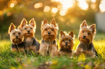 Sunset Symphony: A Charming Quintet of Yorkshire Terriers in Evening Glow - Generative AI