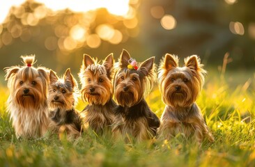 Sunset Symphony: A Charming Quintet of Yorkshire Terriers in Evening Glow - Generative AI - obrazy, fototapety, plakaty