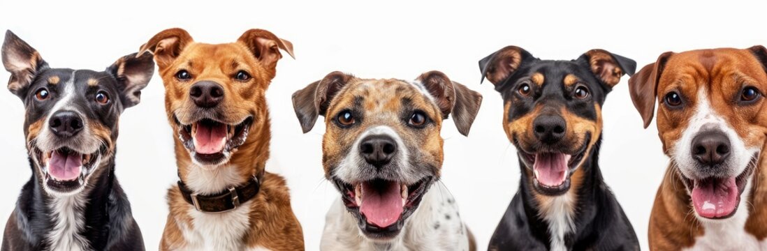 Cheerful Canine Quintet: Diverse Breeds Smiling for a Studio Portrait - Generative AI