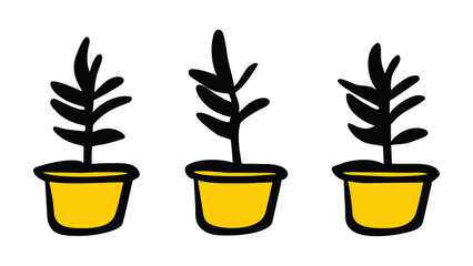 Houseplants. Vector set silhouettes home plants, succulents in pot. Indoor exotic flowers with stems and leaves. Monstera, ficus, pothos, yucca, dracaena, cacti, snake plant for home and interio