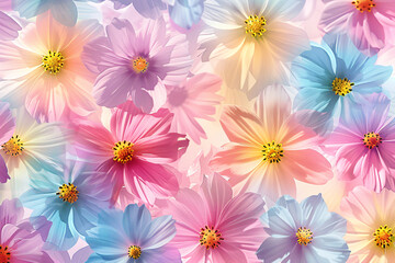 Fototapeta premium Pastel colored cosmos flowers in a soft, seamless floral pattern