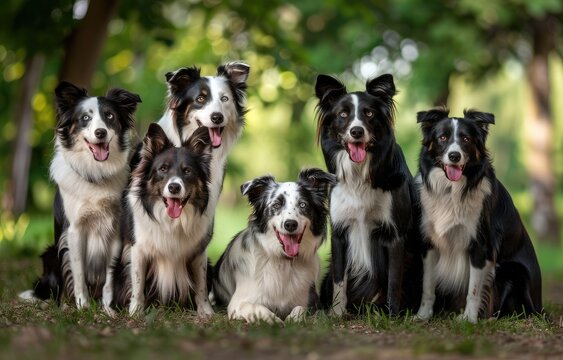 Evening Elegance: A Serene Assembly of Border Collies in Nature's Glow - Generative AI