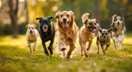 Euphoric Escape: Energetic Golden Retrievers Reveling in a Sunny Park Run - Generative AI