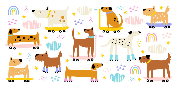 Happy cute dog animal characters riding roller skates and skateboards isolated set on white