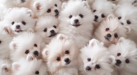 Fototapeta premium Bundle of Bliss: Adorable White Fluffy Puppies Sharing a Joyful Moment - Generative AI